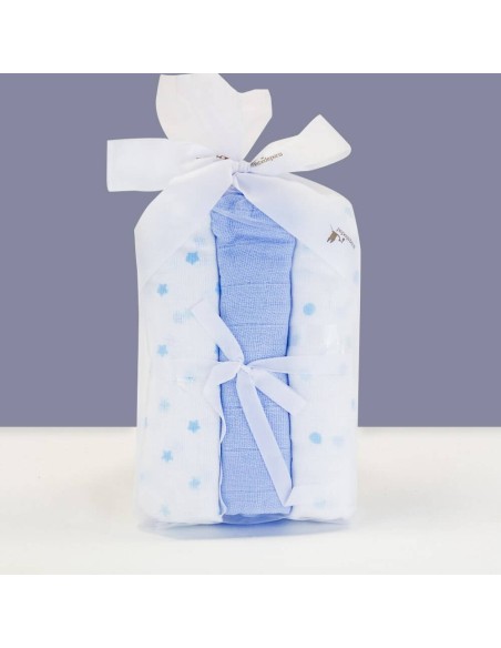 Kit Albornoz Bordado Muselina y Osito de Peluche azul
