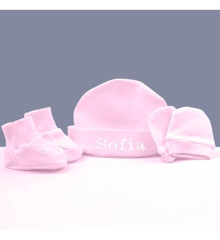 gorro, manoplas y patucos azules rosas