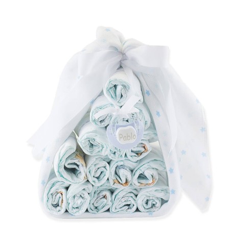 Caramelo de Pañales Muselina y chupete Personalizado azul