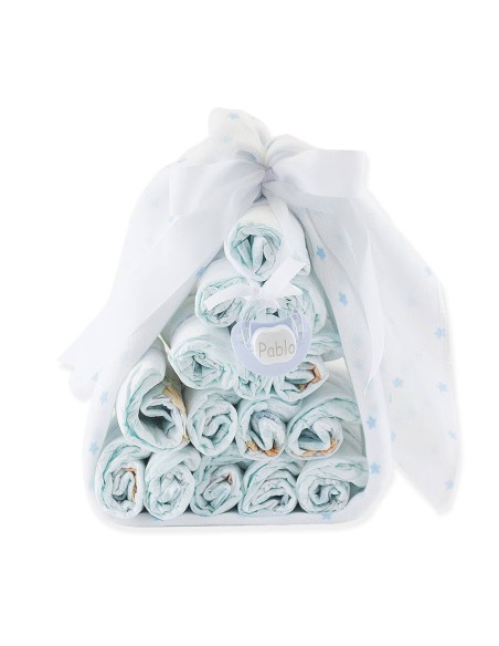 Caramelo de Pañales Muselina y chupete Personalizado azul