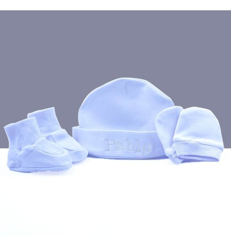 Conjunto patucos manoplas y gorro personalizado azul