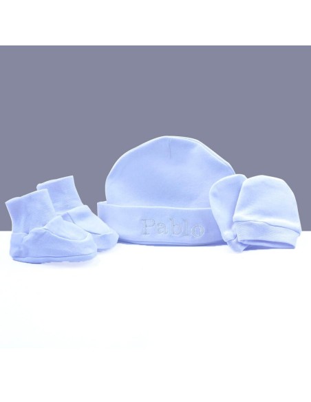 Conjunto patucos manoplas y gorro personalizado azul