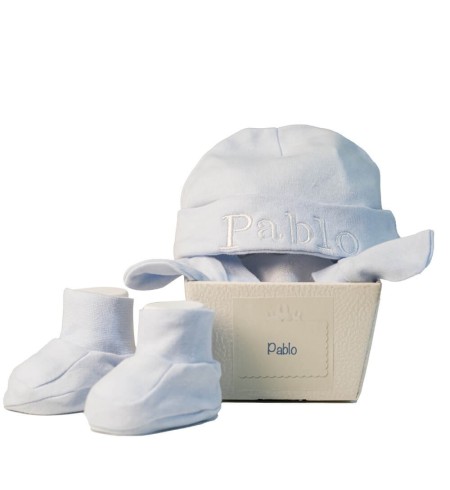 Conjunto patucos manoplas y gorro personalizado azul