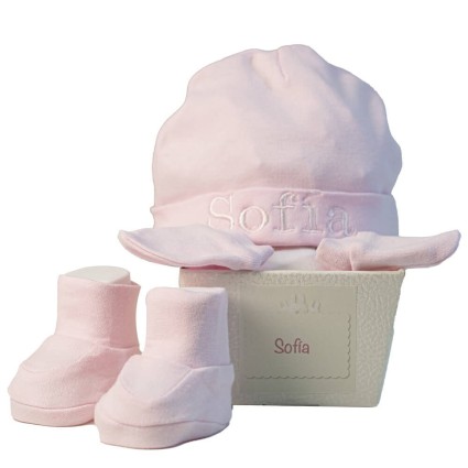 Conjunto patucos manoplas y gorro personalizado rosa