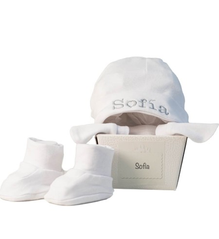 Conjunto patucos manoplas y gorro personalizado blanco